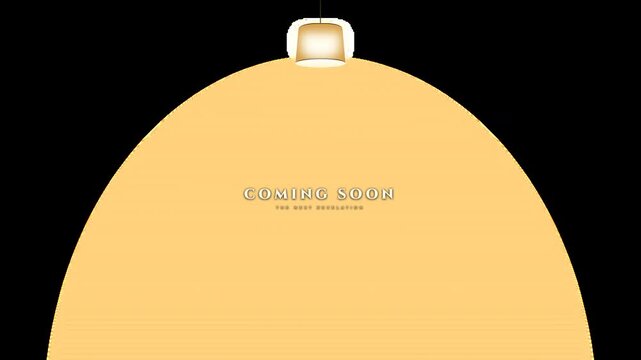 Seamless 10-second ultra-smooth loop animation of an elegant luxury gold pendant lamp gently swaying, with a physically accurate, optical threshold light reveal of the COMING SOON title with transpare