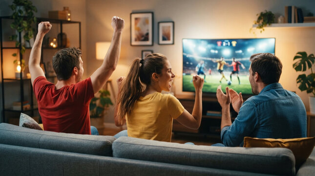 Diverse group of three young adults sitting on a couch in a cozy home living room cheering and celebrating a goal while watching a soccer match on a wide-screen television.
