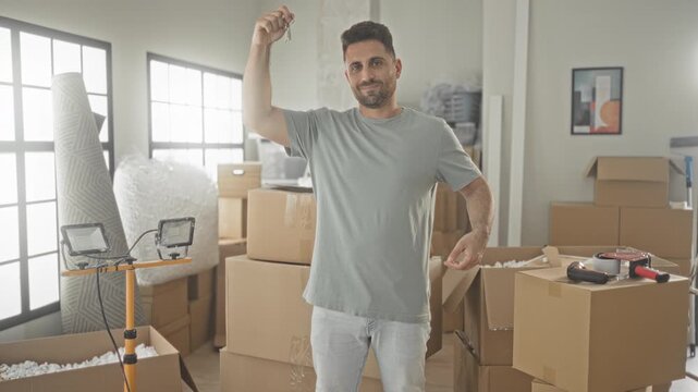 Man holding keys and gesturing amid stacked moving boxes, bubblewrap and a worklight in a building, smiling and wearing tshirt and jeans; new home pride.