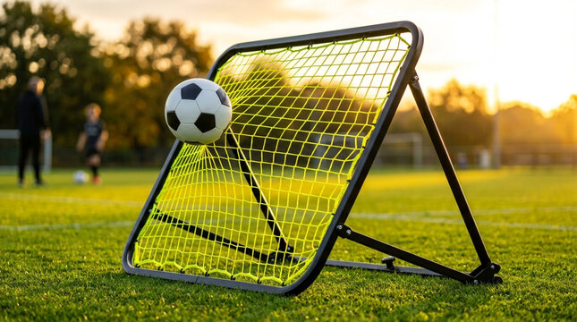 Black and white soccer ball hitting a neon yellow rebounder net during a football training session on a green grass pitch at sunset with blurred background figures.