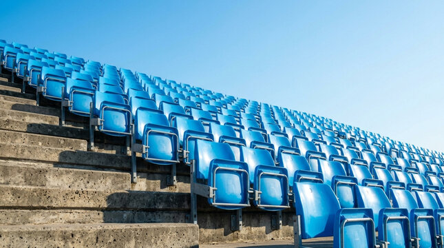 Rows of empty blue plastic folding chairs installed on concrete steps in an outdoor sports stadium or arena under a clear sky. Low angle perspective of unoccupied spectator stands.