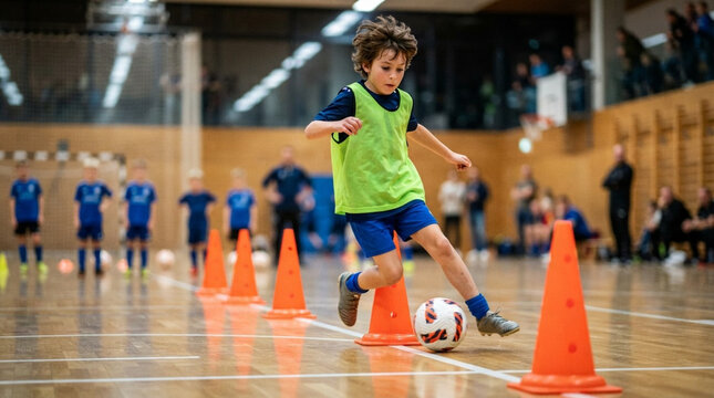 Boy athlete wearing a green bib dribbling a soccer ball around orange agility cones during a youth futsal practice session in a gym with teammates waiting in the background.