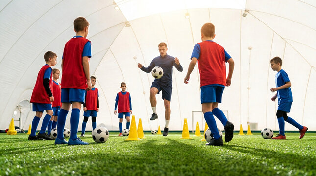 Male soccer coach juggling a ball during a practice session with young boys in red and blue uniforms on an indoor artificial turf field with yellow training cones and domes.