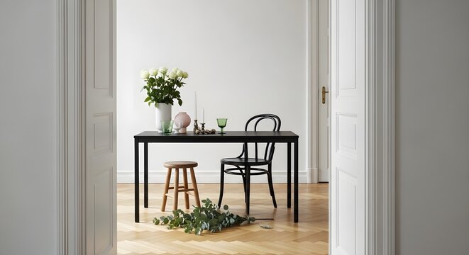 Elegant Minimalist Dining Room with black table and white roses framed by white doors, ideal for interior design blogs and home decor marketing.