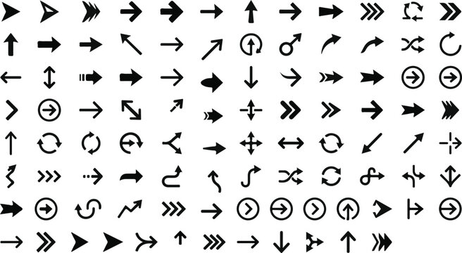 Set of black arrow icons, various shapes and directions for user interface design
