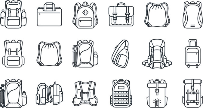 Backpacks and Travel Bags Outline Icons Vector Set Hiking Rucksack School Knapsack Briefcase Drawstring Bag Sling Crossbody Rolling Suitcase Tactical Pack and Hydration Vest Clipart Flat