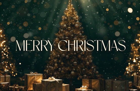 Merry Christmas Celebration Background with Christmas Tree, Gifts and Festive Holiday Decorations