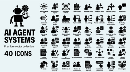 Obraz premium AI Agent Systems Icon Set Featuring Robotics Automation and Artificial Intelligence Workflow Vector Graphics