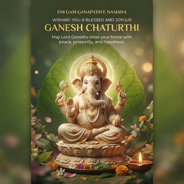 Lord ganesha idol with floral decorations and diya for ganesh chaturthi festival greeting