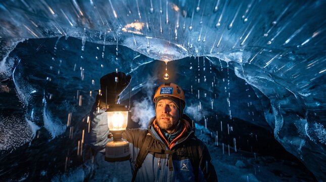 Caucasian male glacier guide exploring a frozen ice cave holding an illuminated lantern with water droplets falling from the melting ceiling