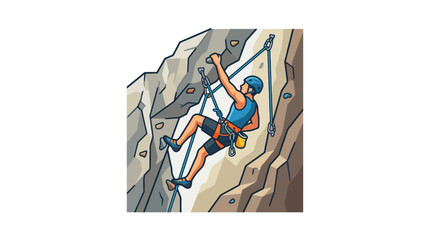 Fototapeta premium A rock climber ascending a steep rocky cliff face with safety gear and ropes.