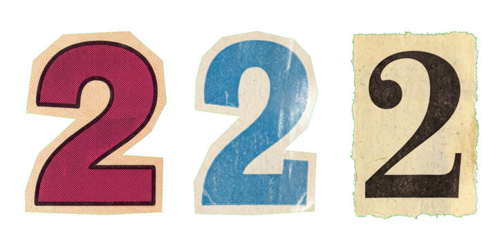 Three different cut out ransom note style number two figures in various fonts and colors on a white background