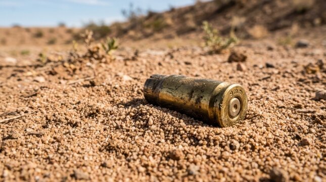 Discarded Brass Cartridge Casing Lying on Dry Desert Ground Ammunition Remnant
