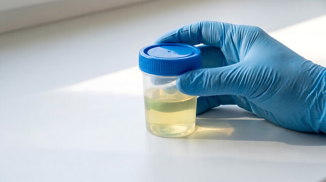 Gloved hand holding urine specimen cup on white surface