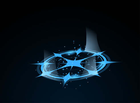 Mystical blue energy portal with geometric rings, star shapes, glowing particles, and dark cosmic background, designed for fantasy games, magical interfaces, effects, and graphic assets.