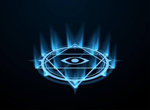 Glowing blue mystical eye symbol viewed from a low angle perspective, surrounded by geometric rings and arcane shapes on a dark background, creating a magical celestial fantasy emblem.