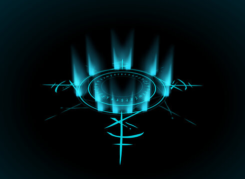 Glowing cyan mystical magic circle viewed from an elevated angle, featuring arcane runes, geometric rings and sharp ornamental symbols with radiant light beams on a dark background.