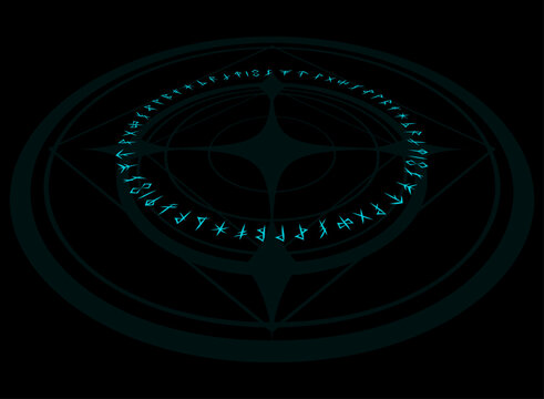 Celtic Nordic occult magic circle with glowing cyan runes, geometric rings and a central mystical compass symbol viewed from an elevated perspective on a dark background.