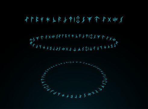 Fantasy rune set featuring glowing cyan arcane symbols arranged in circular and linear formations, with mystical geometric patterns on a dark background for magical game and fantasy designs.