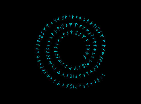 Fantasy Nordic rune circle featuring glowing cyan runes arranged in multiple concentric rings, creating an arcane mystical pattern with ancient symbols on a dark background.