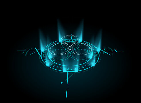 Glowing cyan Celtic Nordic occult magic circle viewed from an elevated angle, featuring ancient runes, interlocking geometric rings and mystical symbols on a dark background.