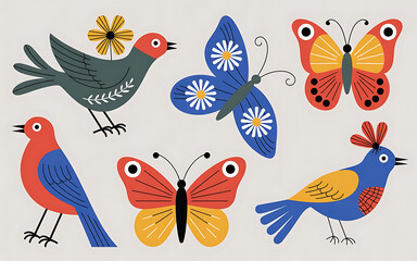 Fototapeta premium Vibrant hand-drawn illustration set featuring colorful birds and butterflies perched on white background, flat design style with bold outlines and cheerful color palette