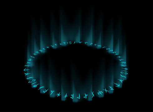 Glowing cyan Nordic rune circle viewed from an elevated perspective, featuring ancient runes arranged around a mystical ring with radiant blue light beams on a dark background.