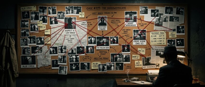 Detectives Investigation Board Crime Scene Photos Suspects and Red String Connections