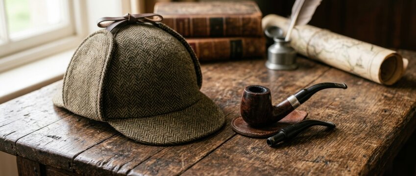 Detectives Desk Deerstalker Hat Smoking Pipe Old Books and Scroll on Rustic Wooden Table