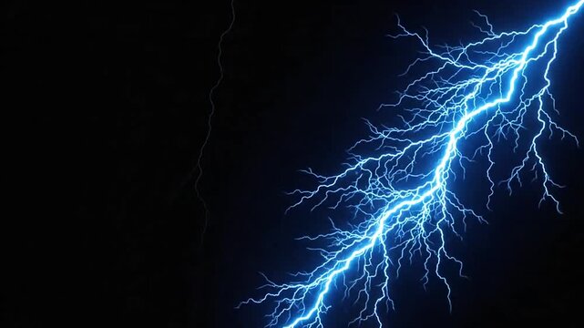 Bright blue lightning bolts flashing against a dark night background