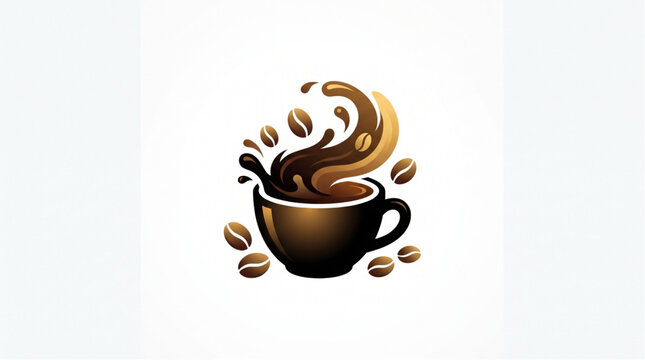 Black coffee cup business icon logo with splash and coffee beans. Brown black gold gradient flat minimalist vector for cafe, coffee shop, roastery and kopi susu gula aren branding. Isolated on white b