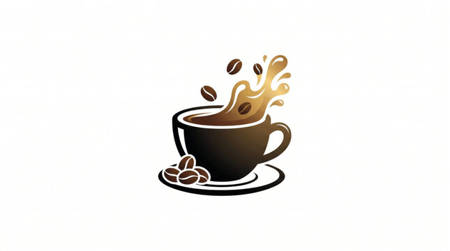 Black coffee cup business icon logo with splash and coffee beans. Brown black gold gradient flat minimalist vector for cafe, coffee shop, roastery and kopi susu gula aren branding. Isolated on white b