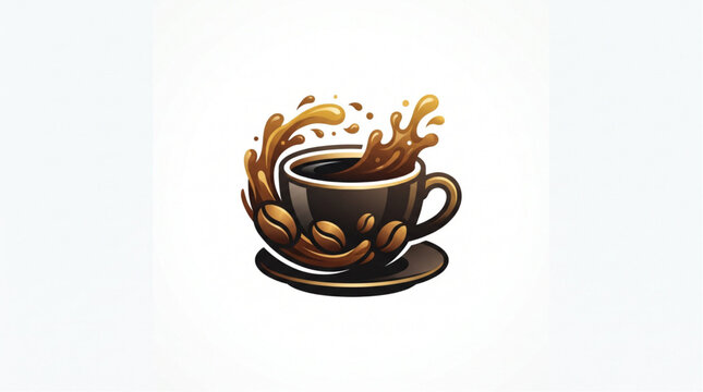 Black coffee cup business icon logo with splash and coffee beans. Brown black gold gradient flat minimalist vector for cafe, coffee shop, roastery and kopi susu gula aren branding. Isolated on white b