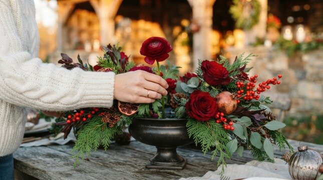 Merry Christmas Person in white knitted sweater arranging dark red roses and pomegranate into a rustic Christmas table centerpiece