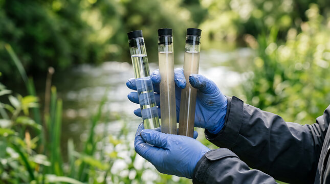 scientist holding test tubes with water samples in natural outdoor environment