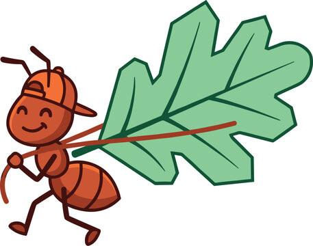 Cute Ant Wearing Cap Carrying Green Leaf Vector Illustration Featuring Cartoon Insect for Nature Education Designs