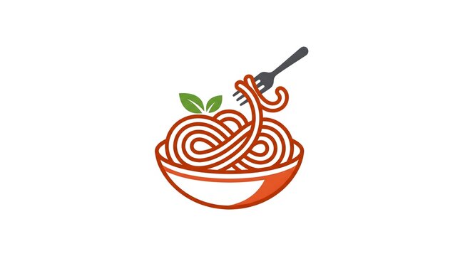 A clean minimalist vector illustration of a spaghetti pasta bowl with a fork lifting noodles and green basil leaves, isolated on a white background