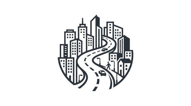 A minimalist black and white vector illustration of a city inside a circle, featuring high-rise buildings, a winding highway with cars, a pedestrian on the sidewalk, and street lamps