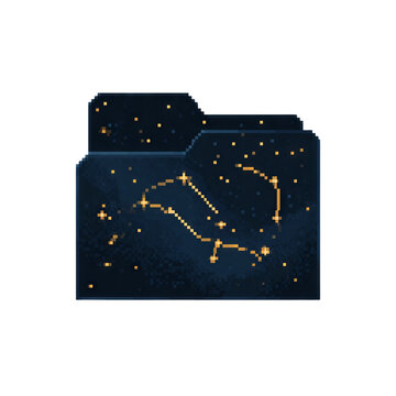Pixel desktop folder icon styled with a night sky and golden star constellations. Isolated white background. Png format