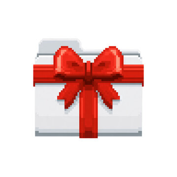 Pixel computer folder icon wrapped in a festive red ribbon bow like a gift box. Isolated white background. Png format