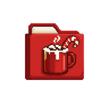 Pixel computer folder icon containing a steaming mug of hot chocolate with candy cane. Isolated white background. Png format
