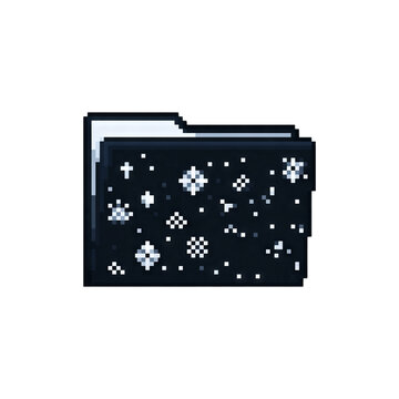 Pixel computer folder icon displaying a variety of pixelated white snowflakes. Isolated white background. Png format