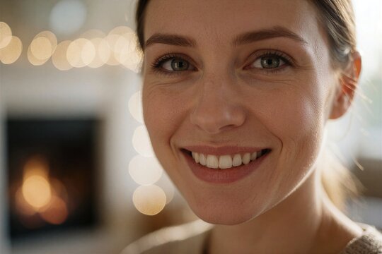 Close-up portrait of a smiling young woman with warm lighting, subtly featuring the theme of arranging Christmas lights indoors.