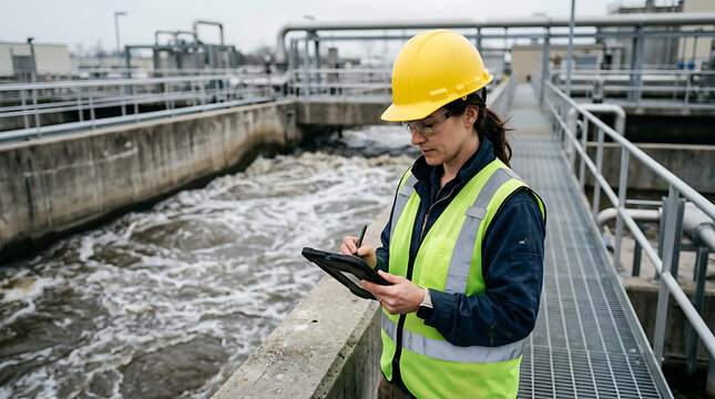 industrial worker using a tablet on a water treatment facility with safety gear and infrastructure
