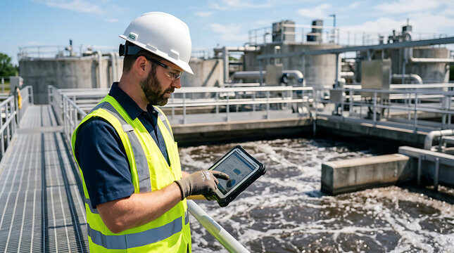 industrial worker inspecting water treatment plant using digital tablet in operational environment