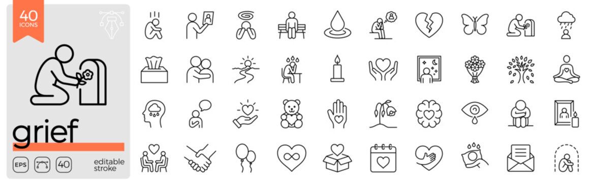 Grief linear icon set. Loss and healing icons. Editable stroke.