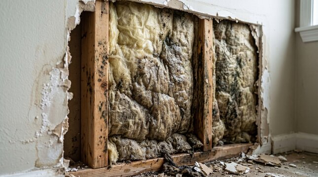 Water damaged wall insulation with mold and exposed wooden studs