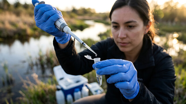 Environmental researcher collecting water samples at a river study site during sunrise for ecological analysis