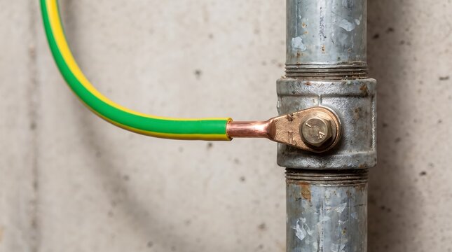 Green and yellow grounding wire attached to a metal pipe with a bolt