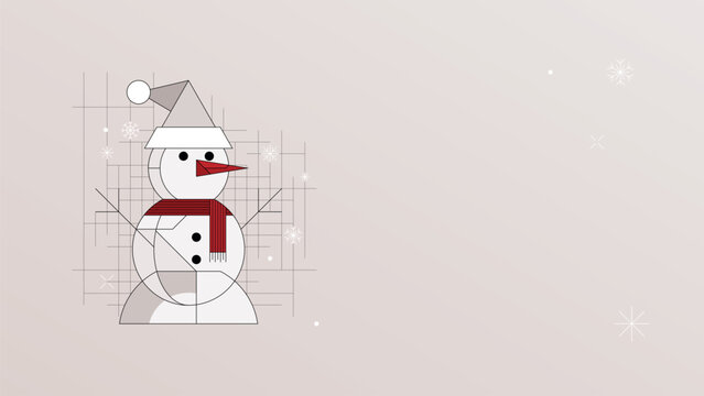 Minimalist geometric line art snowman with snowfall modern retro style on beige background horizontal template have blank space.